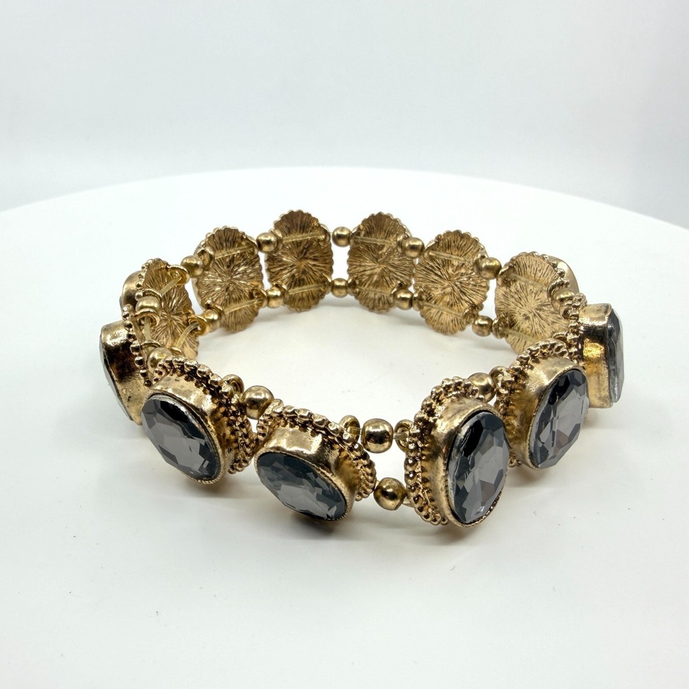 VTG Gold Tone Smoky Gray Crystal Oval Link Stretch Bracelet Boho